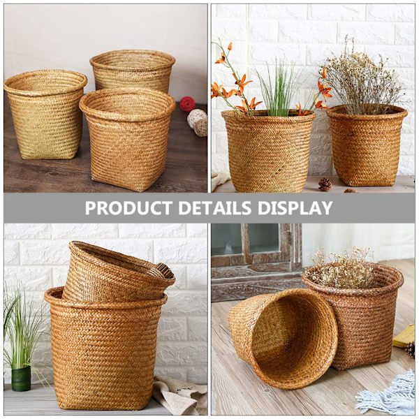 2 stk Rattan søppelbøtte Seagrass oppbevaringskurv Straw vevd rund søppelbøtte Flettverk søppelbøtte Papiravfall beholder Tøykurv for hjemmet Kontor