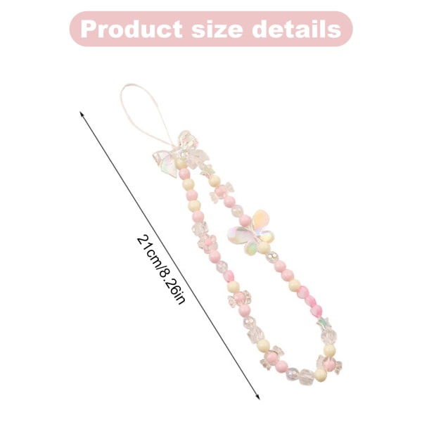 Mobiltelefon Charm Söt - Beaded Phone Strap Cell - Lanyard Butterfly Phone Lanyard - Anti-Lost Universal handledsrep Chain Fashion (Rosa)