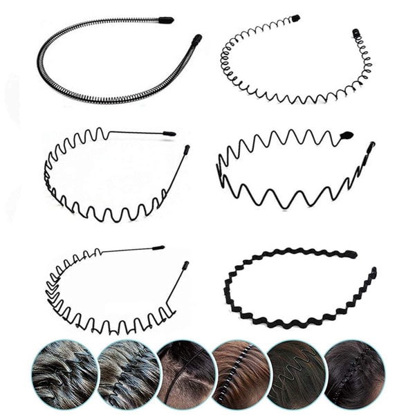 Wave Hair Hoop-Elastic Wavy Spring-Multi-Style Black Halkfri metall, unisex sportmode hårbandstillbehör för kvinnor och män (6 delar)