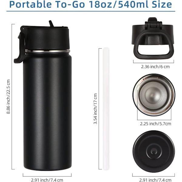 18oz Isolerte Vannflaske for Barn, Rustfritt Stål Vannflasker med Straw Lopp, Dobbelvegget Vakuum Gjenbrukbar Metall Termisk Vannflaske