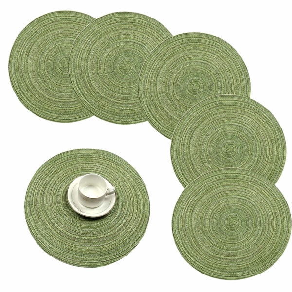 38 cm/15 tum vävda runda bordstabletter Värmeisolerande halkfri flätad matbordsmatta i bomull (grön, set med 6)