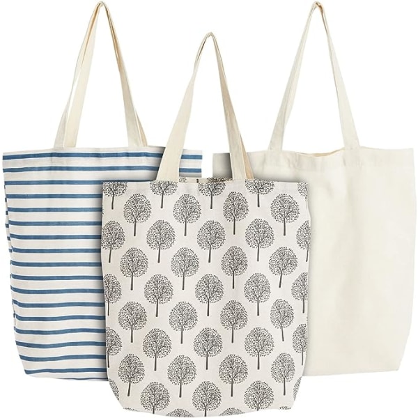 Bomulls handleposer (sett med 3) - robuste bæreposer med håndtak - 3 forskjellige design - stoffposer til shopping, transport