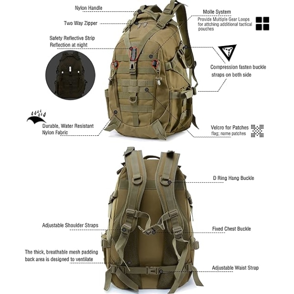 35L Tactical Backpack - Military Army Backpack Vanntett, Vandring Camping Sykkel Reise Sekk Utendørs ryggsekk for menn kvinner