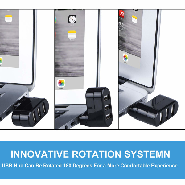 3 porte USB 2.0 Hub 180 graders rotation Mini dreje ekstern splitter adapter til bærbar computer PC (sort)