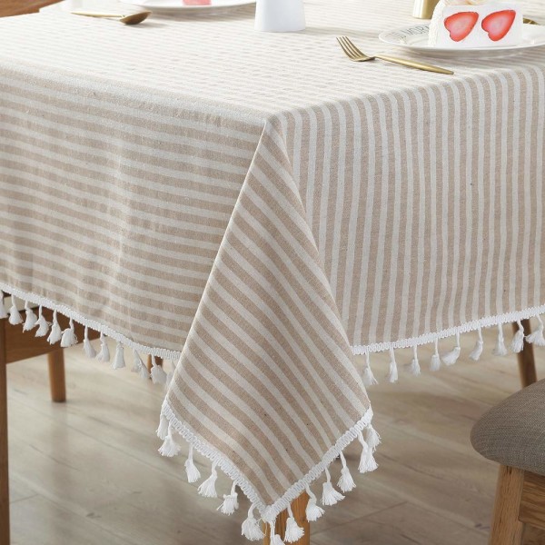 Cotton Linen Table Cloth Stripe Tassel Rectangle Tablecloth Dust-Proof Table Cover(140cm x 180cm, Beige)