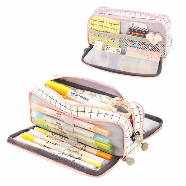 Suuri case, isokokoiset kynäkotelot, joissa on 3 lokeroa kynäpussipussipidike Organizer -meikkilaukku, valkoinen ja vaaleanpunainen