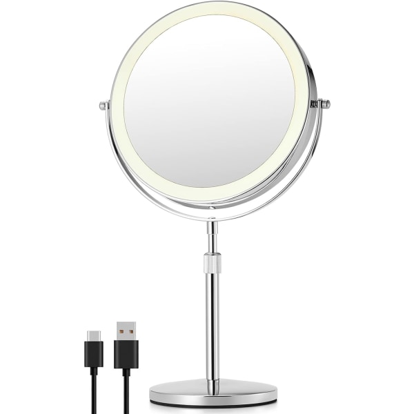 10X Forstørringsmakeup Spejl med Lys, 8,5 Tommer Dobbeltsidet Drejeligt Spejl med Højdejusterbar Stativ Silver