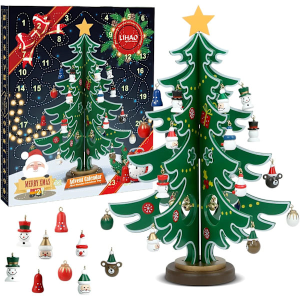 Adventskalender 2023 24 Dagar Julnedräkningskalender Träträd med Miniatyrprydnader Bordsskiva DIY Miniträd för Julskrivbordsdekoration