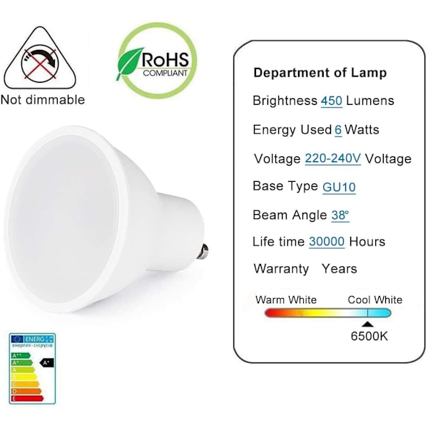 GU10 LED-pærer, 5 stk. GU10 LED 5W, 220-240V, koldt hvidt 6500K