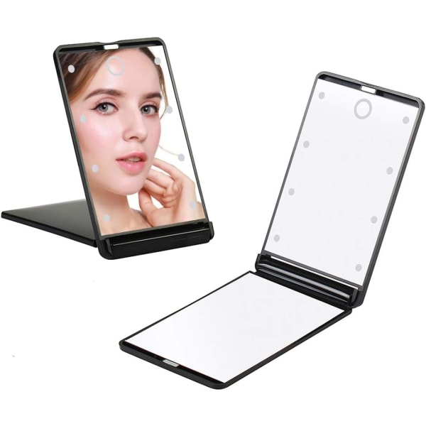 Bærbar LED-belyst makeup-spejl med 8 dæmpbare LED-lys, berøringskontakt rejsemakeup-spejl, foldbart kompakt spejl 1X & 2X forstørrelse