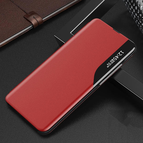 Transparent Fönsterfodral med Magnetisk Stängning PC + PU Läder Bokstil Flip Ställfunktion Stötsäkert Skyddsfodral för Samsung S23+ China Red S23+