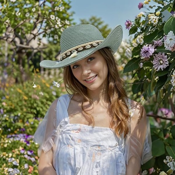 Sommarhatt i halm för kvinnor, Cowboy Cowgirl-hatt, solhatt med bred brätte, strandhatt i halm med skalband, grön