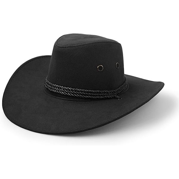 Cowboyhat, Solhat Faux Felt Læder Suede Rejsehat Western Hat Udendørs Solbeskyttelse, Sort