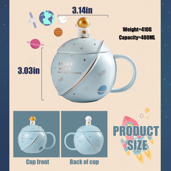Søt plass keramisk krus, astronaut kaffekopp, morsomme krus med lokk og skje, te og melk, 400 ml (lyseblå)