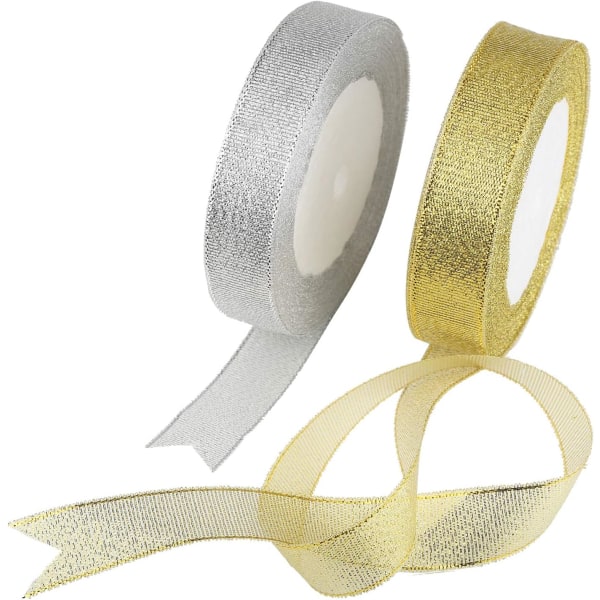 Bånd, 2-pak 25 yards 20 mm brede glitterbesætninger dekorative bånd til gaveindpakning (guld og sølv)