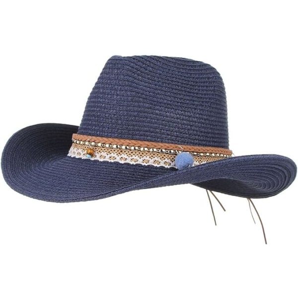 Sommer Cowboy Cowgirl Hat Unisex Rullet Brim Western Cowboy Hat Straw Strand Hat, blå