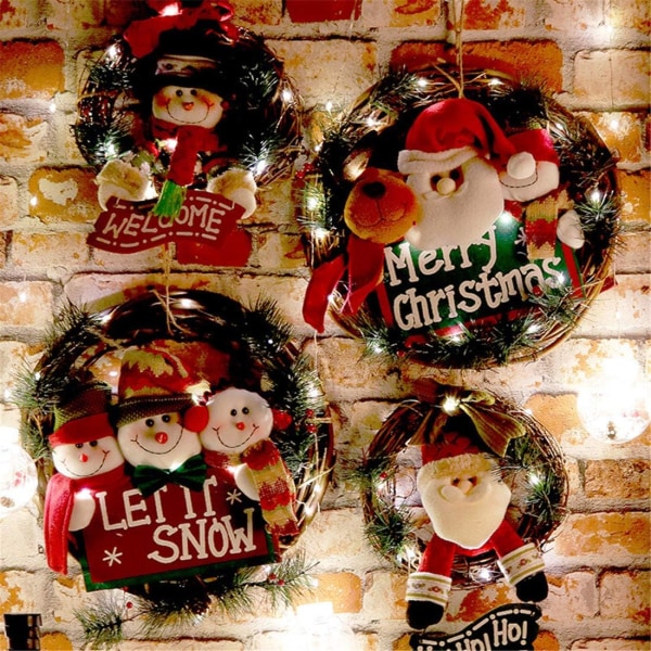 Julekrans, dørkrans, adventskrans, grankrans, julemand / snemand julekrans, dekorativ krans til dørophæng og vægdekoration