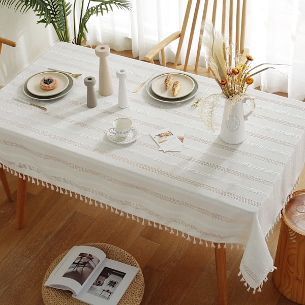 Firkantet Anti-Flekks Duk Lin Bomull Dusker Broderi Duk for Kaffebord Kontordekorasjon (Hvit, 140 x 180 cm)