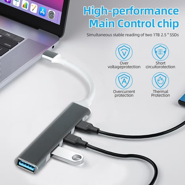 USB Hub, 4 Port USB 3.0 Data Hub, USB Forlengerkabel Adapter, USB Port Expander, for PC, Laptop, Stasjonær, Notebook, MacBook, Netbook, Mac, Wii