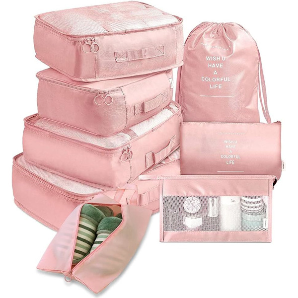 Multifunktionell 8-delad rese-set med packningskuber, vattentät resekompressionsväska, resetillbehör, rosa