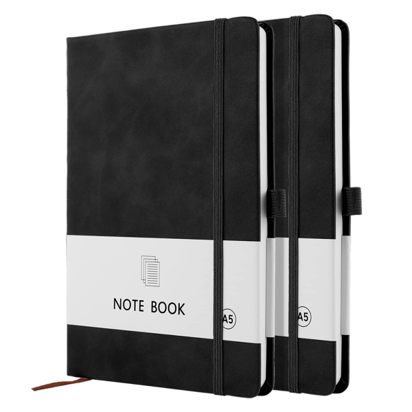 A5 Notebook, 2 Pack Notebook A5 200 sidor 100 GSM Journal Notebook Hardback Anteckningsblock med bokmärke, pennögla och elastisk stängning (svart+grön)