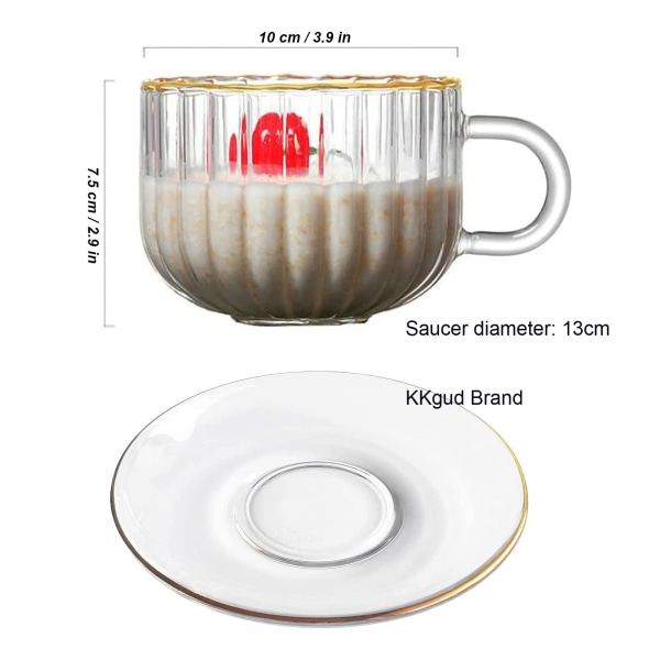 Pumpaformad kaffemugg i glas med fat och sked, 14,5 oz tekopp i glas med guldkant