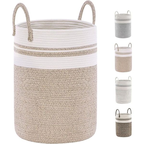 Tvättkorg i bomullsrep Vävda förvaringskorgar med handtag Leksaksförvaringskorg 58L (38cm(D)x50cm(H), Vit,brun)