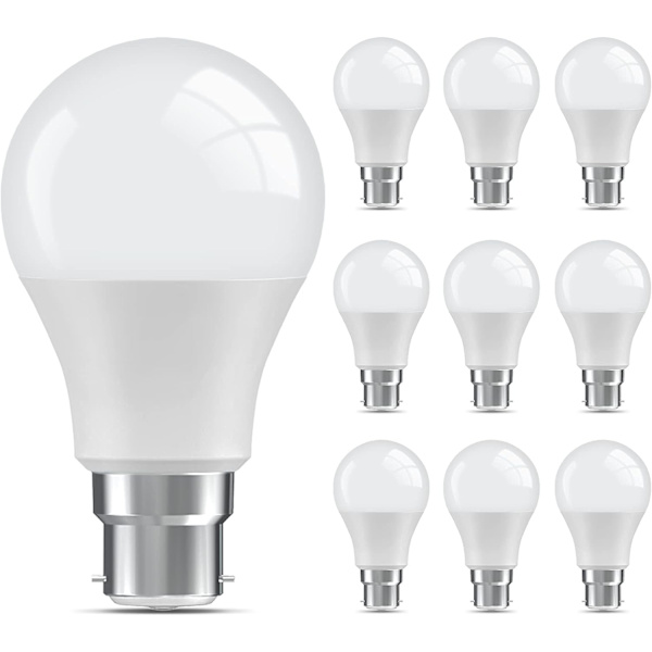 Pakke med 10 bajonetpærer 60W ækvivalent, 9W B22 LED-pære dagslys hvid 6000K, energibesparende pærer, ikke-dæmpbare