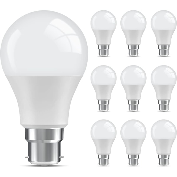 Pakke med 10 bajonettlyspærer 60W tilsvarende, 9W B22 LED-pære dagslys hvit 6000K, energisparende lyspærer, ikke-dimbar