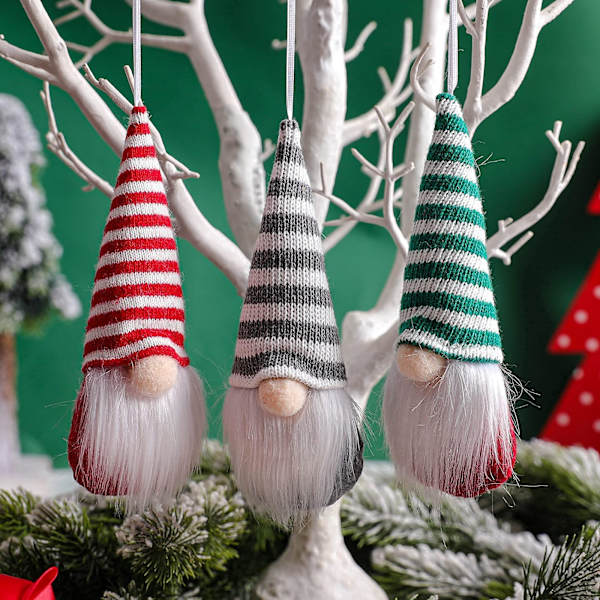 Sett med 3 nissefigurer til å henge på juletreet (nissefigurer med striper)