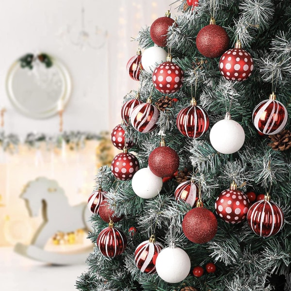 Julekugler Sæt 30 Stk 6CM Juletræskugler Ornamenter til juletræ Rød & Hvid & Grøn Træpynt Grantræ Ornamenter Kugler Jul