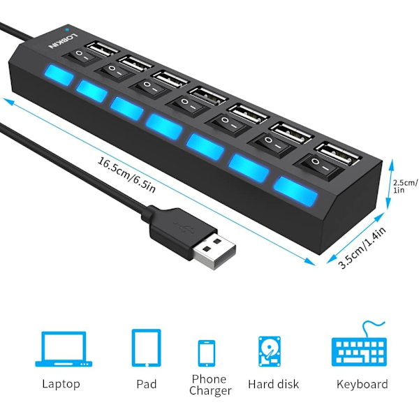 USB 7 Port, USB 2.0 Hub med Individuel Kontakt og 60cm Kabel, Multi USB Port Multiplikator til PC, PS4 og U Disk