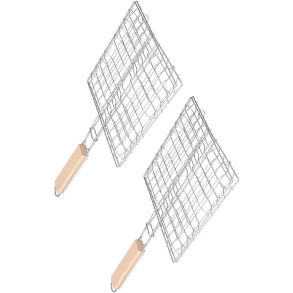 2pcs Stainless Steel Barbecue Net Wooden Handle Barbecue Grill Steak Grill Outdoor BBQ Grill Basket Grilling Accessories Square