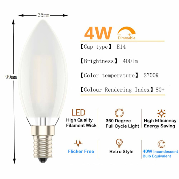 E14 Himmennettävä Led-kynttilälamppu - C35 Pieni Edison-kierre - 4w Vastaa 40w - Lämmin valkoinen 2700K 2 kpl