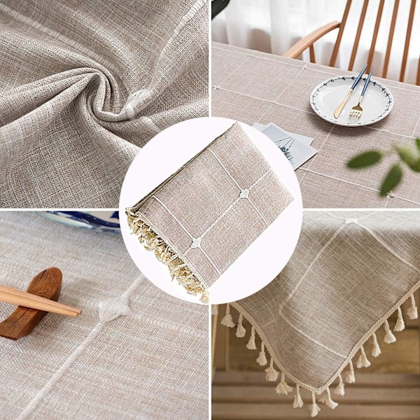 Vaskbar duk av bomull og lin, rektangulær støvtett duk med dusker for kjøkkendekorasjon (Brunrutete, kvadratisk, 140x140cm, 4 sitteplasser)