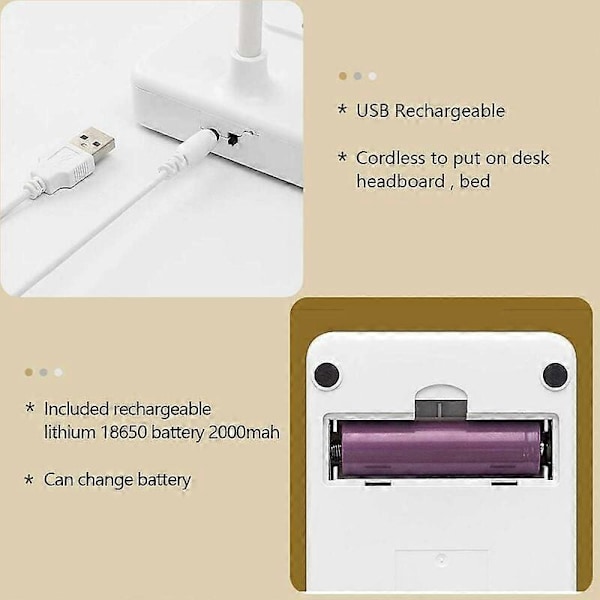 USB Laddningsbar Trådlös LED-Skrivbordslampa, 2000mAh Batteridriven, Touchkontroll 3 Färger 6 Justerbar Ljusstyrka