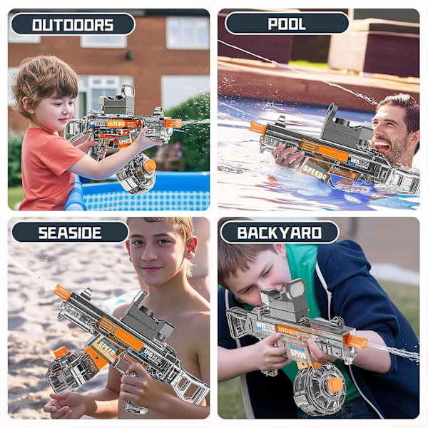 Elektrisk vattenpistol, automatisk vattenabsorption. Elektrisk vattenpistol med 500 ml vattentank och räckvidd upp till 10 meter. Vattenpistol för pool och strand (grå) grey
