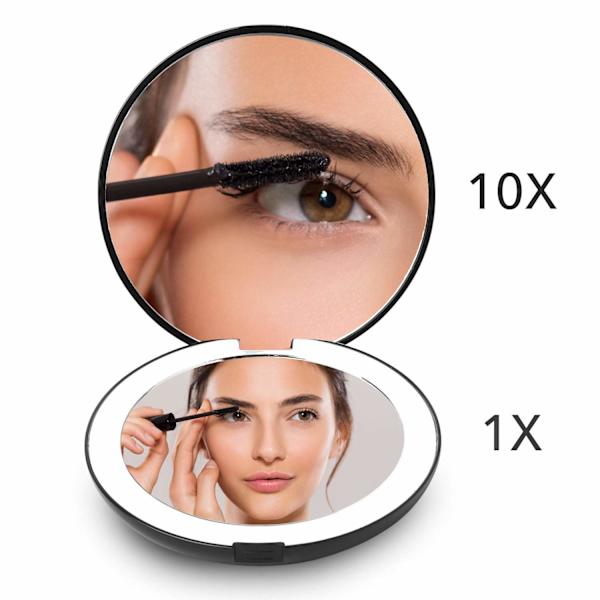 Bærbar Lommespejl Tosidet Makeup Spejl med LED Belysning, 2X/10X Forstørrelse, Stor 9cm Oplyst Rejse Spejl (Sort)