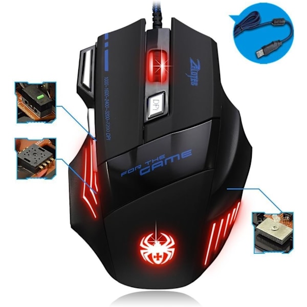 Ledningsforbundet gaming mus, 2400 DPI, 7 knapper ergonomisk mus, USB optisk mus, computermus, ledningsforbundet mus til PC, bærbar, sort