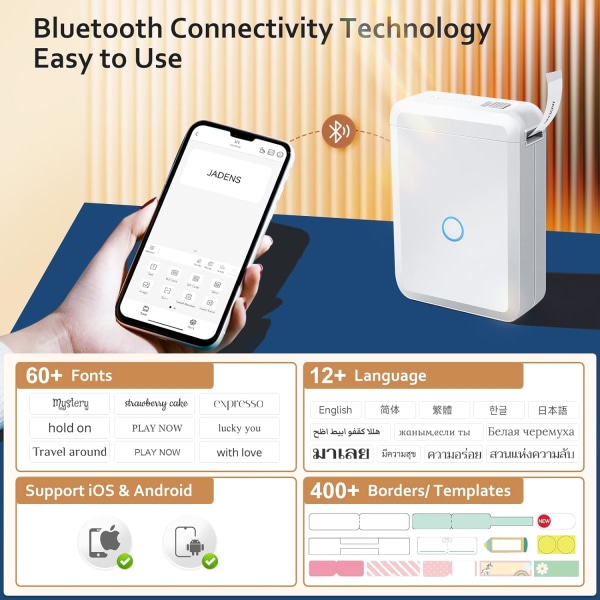 Etikettmaskin med tape, bærbar Bluetooth-termisk etikettprinter