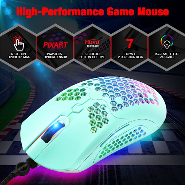 65G Trådlös Lättvikts Spelmus, 26 RGB Bakgrundsbelyst USB Spelmus med 7 Programmerbara Knappar, med Ultralätt Ergonomisk Bikakestruktur