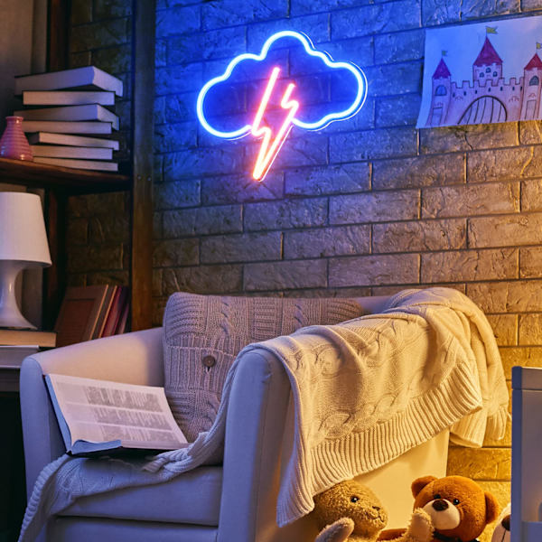 Neon skylt, akryl moln blixt väggljus dekor, batteri eller USB-driven lys upp akryl neon skylt för sovrum, barnrum, bar, fest, jul
