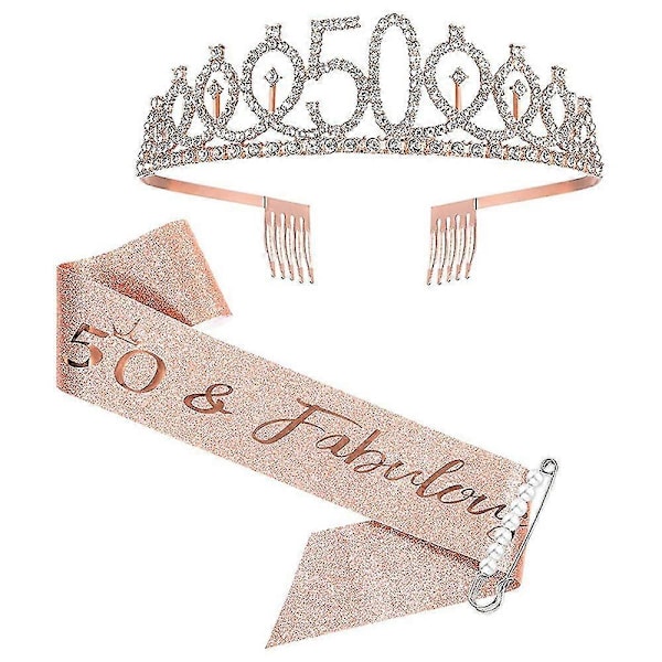 50-årsdag Skjerf og Tiara Rose Gull Bursdag Skjerf Krone 50 & Fabulous Skulderstropp og Tiara for Kvinner