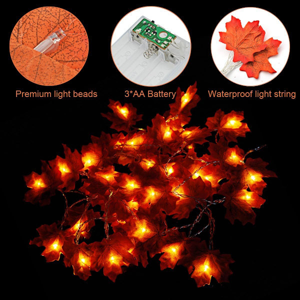 13ft 40 LED Thanksgiving Dekorationer Lönnlöv ljusslinga