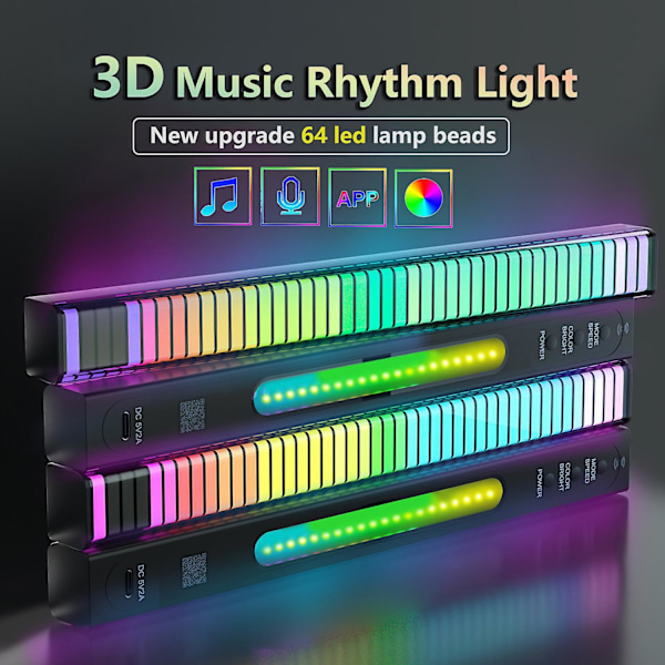 RGB-lampa med ljudkontroll, LED-ljusremsa, smart app-kontroll, färgad lampa, omgivande ljus för bil, dator, rumsdekor - 32 LED