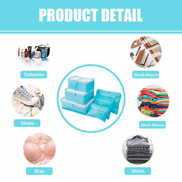 6PCS Reisearrangør Pakkekuber Sett Holdbare Reisebagasjearrangører Koffertoppbevaringsposer Kompresjonsposer for Reisetilbehør
