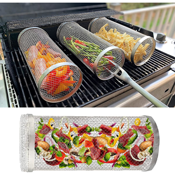 Rullende grillkurv til udendørs grill, grill i rustfrit ståltrådsnet cylinder, BBQ udendørs grill net BBQ mesh cylinder, (7.78in（20cm）)