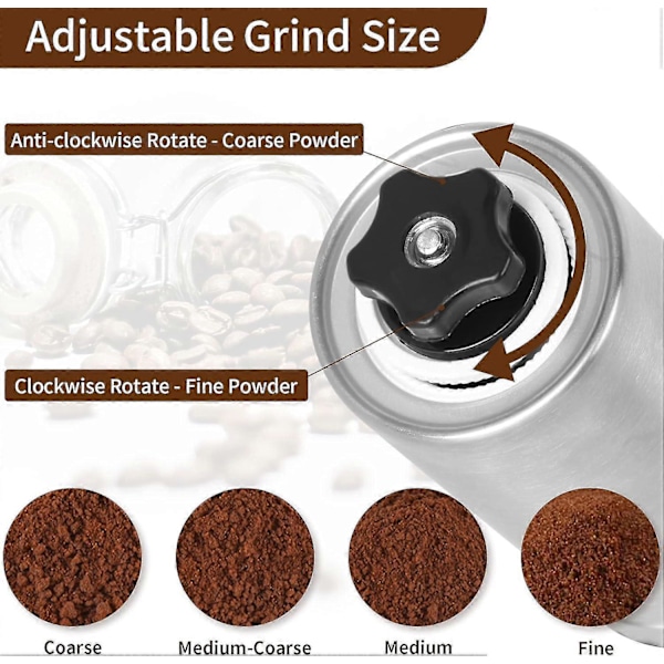 Manuell Kaffekvarn Rostfritt Stål Manuell Kaffe Burr Kvarn Handvev Kaffekvarn med Justerbar Böna 18cm