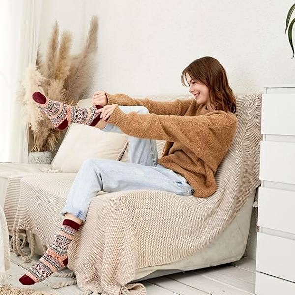 5 Par Damsockor i Ull, Varm Stickade Damsockor för Vinter, Tjocka Damsockor, Julklappar till Kvinnor