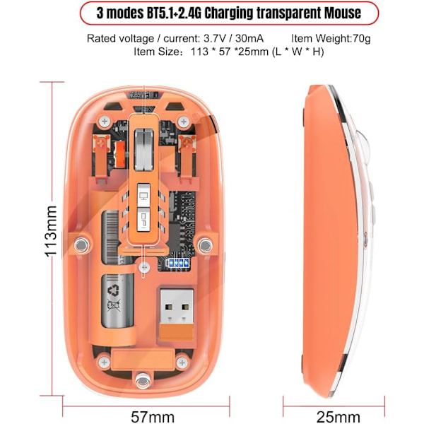 M233 BT Trådlös Mus, 2.4G Transparent Magnetisk Mus, Uppladdningsbar Mus för PC (Vit)